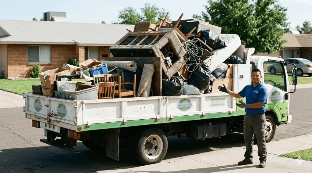 Estate cleanout in progress with a fully loaded junk removal truck parked outside a home.