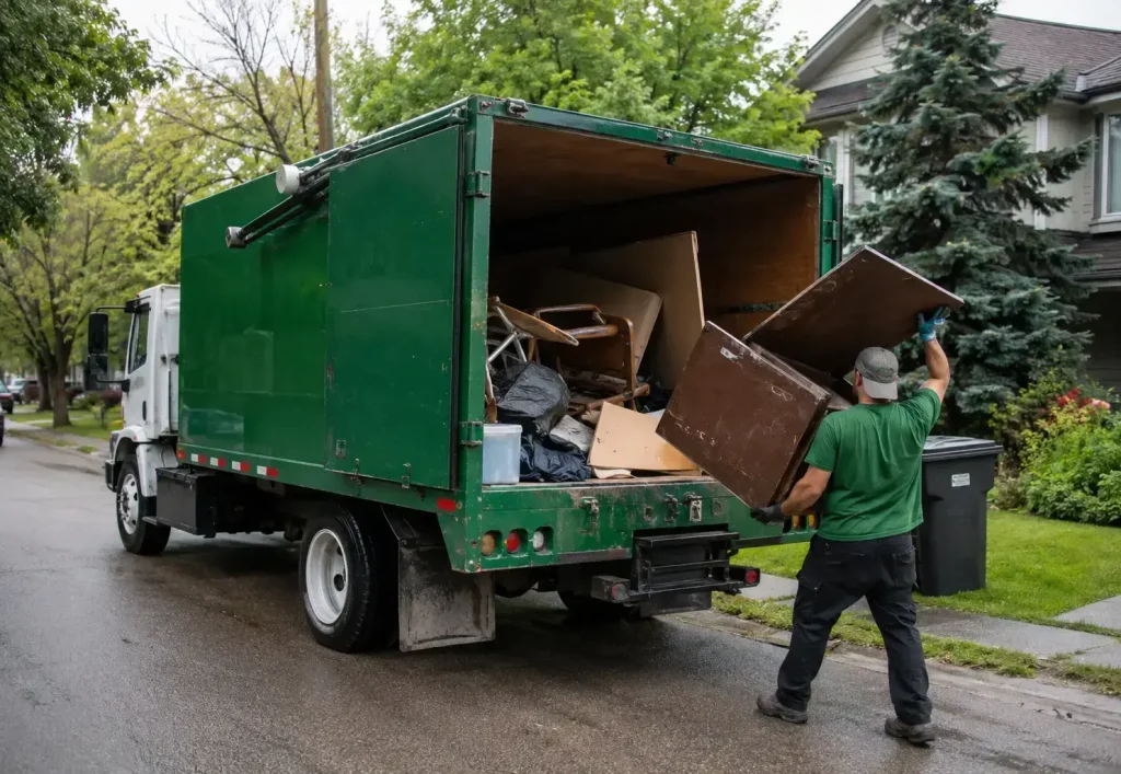 A realistic estate cleanup scene featuring workers removing furniture, boxes, mattresses, and miscellaneous household items into a large junk hauling truck.
