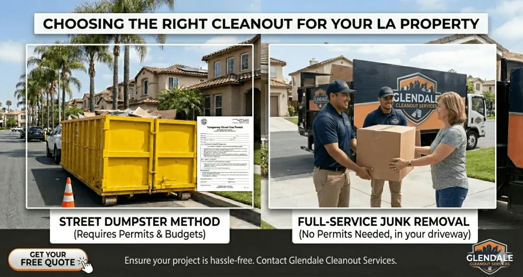 Before and after photos showing a messy garage cleaned out by a service for junk removal in Glendale.