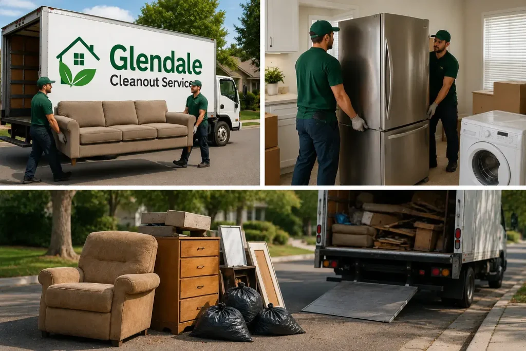 A professional commercial junk removal operation showing office furniture, shelving, and electronic waste being loaded into a large disposal truck.